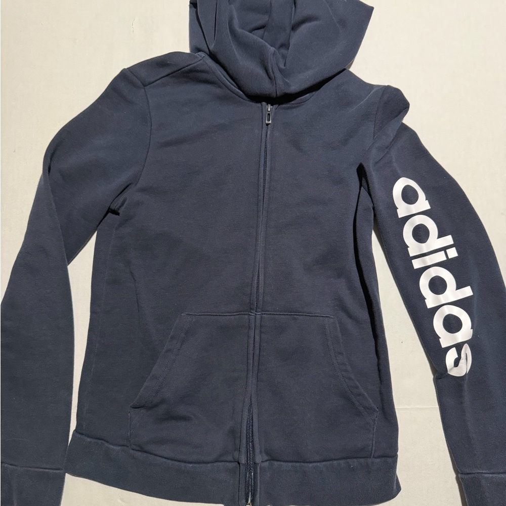 adidas blue‎ full zip hooded jacket, sleeve script, women's small
